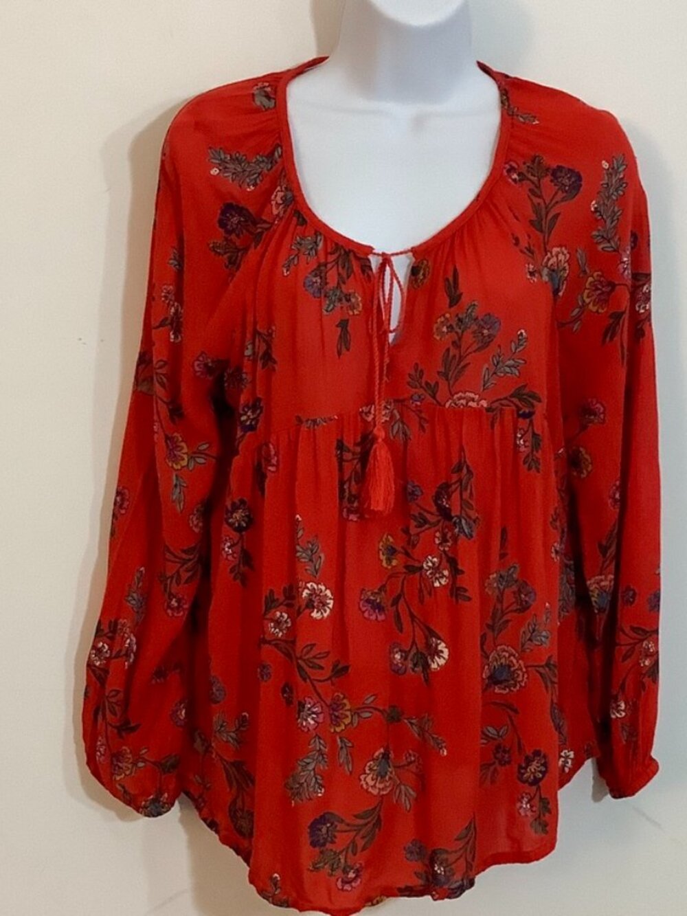 Red Peasant Top Long Sleeve Print Round Neck SP Cottagecore Boho Cottagecore